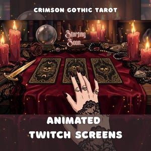 Op de afbeelding: Een digitale illustratie van een tarot-lezing met drie kaarten met schedels op een rood fluwelen kleed, omringd door brandende rode kaarsen, een glazen bol en een dolk. De tekst Starting Soon staat in het midden van de donkere, gotische setting.