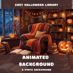 Peut inclure: Une illustration numérique intitulée COZY HALLOWEEN LIBRARY montrant un fauteuil marron recouvert d'une couverture en tricot orange et rouge, entouré d'étagères remplies de livres, de citrouilles illuminées, de bougies et de feuilles d'automne.