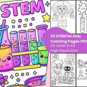 STEM Coloring Pages for Kids | 25 Cute Kawaii Science Robot Physics Worksheets | Printable PDF for A4 & US Letter | Educational Activity
