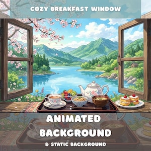 Cozy Breakfast Window Animated Background Vtuber Overlay Cozy Lofi Stream Retro 90s Anime Japanese Spring Lake Cottagecore Desktop Wallpaper