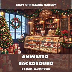 Puede incluir: Una ilustración digital del interior de una panadería decorada para Navidad, con un gran árbol iluminado, regalos envueltos, una vitrina de cristal llena de pasteles y dulces, y letreros que dicen Cozy Christmas Bakery y Merry Christmas.