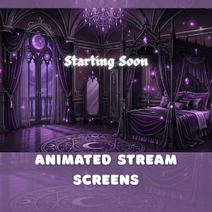 Gothic Purple Bedroom Stream Animated Screens, Dark Witchy Vampire Vtuber Overlay Twitch Starting Soon, Be Right Back, Ending, Offline