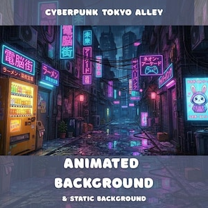 Peut inclure: Illustration numérique d'une ruelle cyberpunk de Tokyo la nuit, avec des enseignes au néon en japonais. La scène comprend un distributeur automatique, des devantures de magasins et une affiche de personnage de lapin. Le texte comprend "Cyberpunk Tokyo Alley".