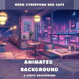 Neon Cyberpunk Cafe Animowane Tło Przytulne Anime Crime City Nocne Niebo Pociąg Vtuber Nakładka Twitch Stream Y2K Lofi Tokio Tapeta na Pulpit