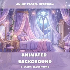 May include: An anime-style pastel bedroom illustration. The scene features a four-poster bed with pink and purple bedding, a vanity, and a large window with a moonlit view. Text on the image reads "Anime Pastel Bedroom" and "Animated Background & Static Background."