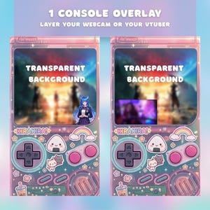 K&ouml;nnte beinhalten: Rosa Konsolen-Overlay-Design mit dem Text "1 Console Overlay" und "Transparent Background". Das Design umfasst ein Steuerkreuz, Kn&ouml;pfe und niedliche Illustrationen. Das Overlay dient zum &Uuml;berlagern einer Webcam oder eines VTubers.