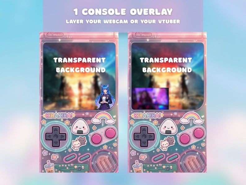 K&ouml;nnte beinhalten: Rosa Konsolen-Overlay-Design mit dem Text "1 Console Overlay" und "Transparent Background". Das Design umfasst ein Steuerkreuz, Kn&ouml;pfe und niedliche Illustrationen. Das Overlay dient zum &Uuml;berlagern einer Webcam oder eines VTubers.
