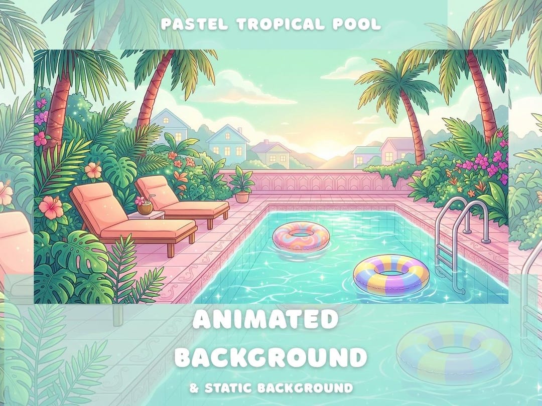 Pastel Tropical Pool Animated Background Cute Kawaii Summer Palm Trees ...