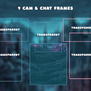 May include: An image showcasing nine cam and chat frames with a transparent design. The frames are outlined in blue and pink, with the word "TRANSPARENT" displayed within each frame. The background has a blurred, dark blue and teal gradient.