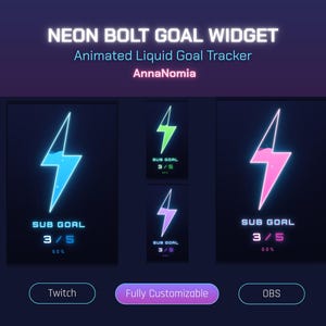 May include: A digital neon bolt goal widget for streaming, featuring the text NEON BOLT GOAL WIDGET, Animated Liquid Goal Tracker, and AnnaNomia. The display shows lightning bolt icons in blue, green, purple, and pink, with sub goal 3/5 text.