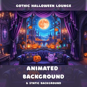 May include: A digital illustration titled GOTHIC HALLOWEEN LOUNGE featuring a dark purple room with a large window showing a full moon, a castle, and pumpkins. A dark blue sofa sits in front of the window with plush cat and bat toys.