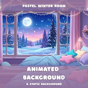 Puede incluir: Una ilustración digital titulada PASTEL WINTER ROOM ANIMATED BACKGROUND & STATIC BACKGROUND que muestra un dormitorio con una ventana grande con vista a un bosque nevado de noche bajo la luna llena, con cojines en forma de estrella.