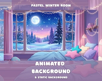 Pastel winter anime geanimeerde achtergrond, gezellige besneeuwde kamer, besneeuwde lofi kerstavond vtuber voor stream YouTube Twitch Zoom bureaubladachtergrond