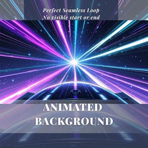 Könnte beinhalten: Ein animierter Hintergrund mit futuristischem Design. Das Bild zeigt einen Ausbruch von Lichtstrahlen in Lila, Blau und Weiß, die von einem zentralen Punkt ausgehen. Der Text "Perfect Seamless Loop" und "Animated Background" sind ebenfalls sichtbar.