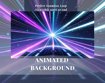 May include: An animated background with a futuristic design. The image features a burst of light rays in shades of purple, blue, and white, emanating from a central point. The text "Perfect Seamless Loop" and "Animated Background" are also visible.