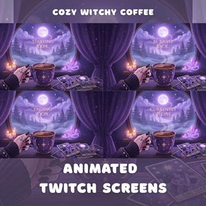 Cozy Witchy Coffee Animated Twitch Screens Pack Purple Witch Night Window Tarot Stream Animated Overlays Pack Gothic Dark Starting Soon image 2