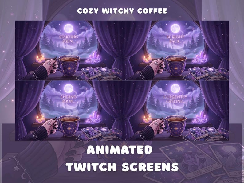 Cozy Witchy Coffee Animated Twitch Screens Pack Purple Witch Night Window Tarot Stream Animated Overlays Pack Gothic Dark Starting Soon image 2