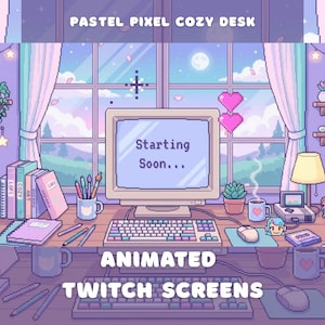 May include: A pixel art digital illustration of a desk setup featuring a computer monitor displaying the text Starting Soon, a keyboard, a mouse, books, plants, and a window view. The scene is rendered in a pastel color palette with purple tones.