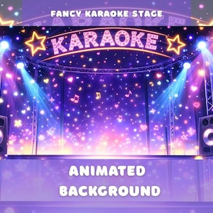 Ausgefallene Karaoke-Bühne animierte Hintergrund lila Twitch Overlay vTuber Neon Konzert-Szene Stream-Mikrofon virtuelle Bühne Musik-Festival Menschenmenge