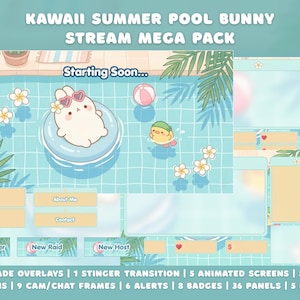 Peut inclure: Graphique Kawaii Summer Pool Bunny Stream Mega Pack avec un lapin en lunettes de soleil dans une piscine. L'image comprend des superpositions, des écrans animés, des écrans statiques, des cadres de caméra/chat, des alertes, des badges, des panneaux et des étiquettes. Texte : "Starting Soon..."