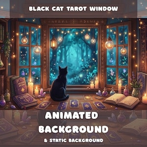 May include: An illustration of a mystical scene featuring a black cat gazing out a window. The window is framed by candles, books, and tarot cards. The text "BLACK CAT TAROT WINDOW" and "ANIMATED BACKGROUND & STATIC BACKGROUND" are visible.