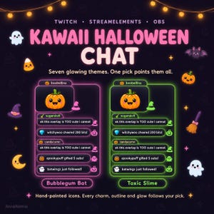 May include: A digital graphic for Twitch, Streamelements, and OBS titled Kawaii Halloween Chat. It displays two chat box overlays in pink and green neon styles, featuring pumpkin icons, user names, and chat messages with small Halloween-themed icons.