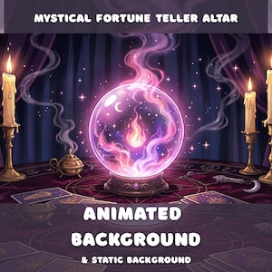 Sfondo animato altare della cartomante, sfera di cristallo, tarocchi stregoneschi, sfondo per vtuber, overlay per Twitch, stream gotico, sfondo mistico
