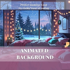 Pink Cozy Christmas Bedroom Animated Background | Falling Snow Night Loop 60FPS HD for Stream YouTube Twitch Zoom Vtuber Background