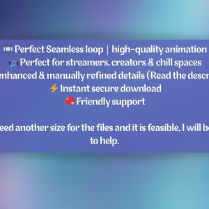 Pode incluir: Um fundo azul com texto branco promovendo uma anima&ccedil;&atilde;o em loop cont&iacute;nuo. O texto destaca anima&ccedil;&atilde;o de alta qualidade, detalhes aprimorados por IA, download instant&acirc;neo e suporte amig&aacute;vel. Tamb&eacute;m menciona que a anima&ccedil;&atilde;o &eacute; perfeita para streamers, criadores e espa&ccedil;os de relaxamento.