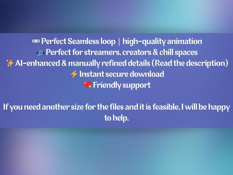 Pode incluir: Um fundo azul com texto branco promovendo uma anima&ccedil;&atilde;o em loop cont&iacute;nuo. O texto destaca anima&ccedil;&atilde;o de alta qualidade, detalhes aprimorados por IA, download instant&acirc;neo e suporte amig&aacute;vel. Tamb&eacute;m menciona que a anima&ccedil;&atilde;o &eacute; perfeita para streamers, criadores e espa&ccedil;os de relaxamento.