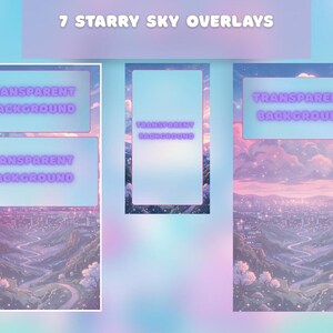 K&ouml;nnte beinhalten: Digitales Kunstwerk mit sieben Sternenhimmel-Overlays. Jedes Overlay zeigt eine andere Komposition einer Stadtlandschaft unter einem pastellfarbenen Himmel. Text enth&auml;lt "7 Starry Sky Overlays" und "Transparent Background".