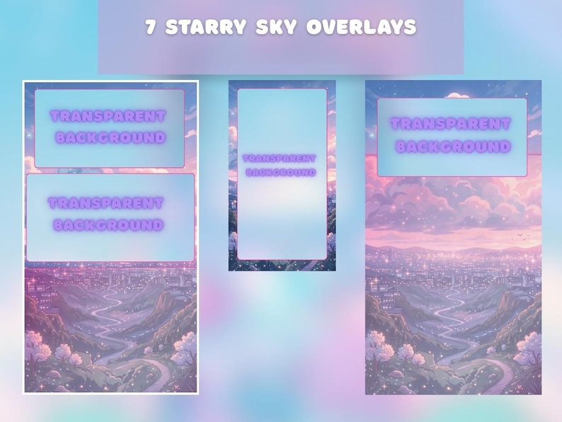 K&ouml;nnte beinhalten: Digitales Kunstwerk mit sieben Sternenhimmel-Overlays. Jedes Overlay zeigt eine andere Komposition einer Stadtlandschaft unter einem pastellfarbenen Himmel. Text enth&auml;lt "7 Starry Sky Overlays" und "Transparent Background".