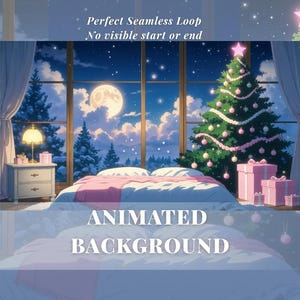 以下が含まれることがあります： アニメーション背景画像。大きな窓から雪の夜景と満月が見える寝室。装飾されたクリスマスツリーと包装されたギフトが部屋にあります。「Perfect Seamless Loop」と「Animated Background」というテキスト。