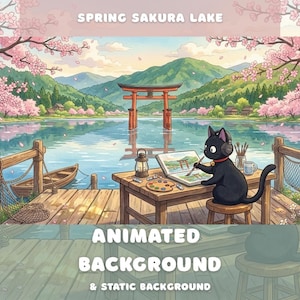 春の桜湖アニメーション背景居心地の良い猫桜の花日本の自然Vtuber TwitchオーバーレイアニメLoFiパステルデスクトップ壁紙