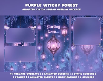 Witchy TikTok Stream Overlay Package, Purple Gothic Forest Animated Vertical Witch Vtuber Overlays Gaming Live Stream Mobile TikTok Live