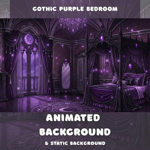 May include: Digital illustration of a gothic purple bedroom. The room features a four-poster bed, fireplace, and large windows with purple curtains. The text "GOTHIC PURPLE BEDROOM" and "ANIMATED BACKGROUND & STATIC BACKGROUND" are displayed.