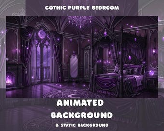 May include: A digital illustration of a gothic purple bedroom. The room features a four-poster bed, fireplace, and large windows with purple curtains. The text "GOTHIC PURPLE BEDROOM" and "ANIMATED BACKGROUND & STATIC BACKGROUND" are displayed.