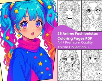 Anime Fashion Girls  - 25 Coloring Pages for Teens Adults – Kawaii Girl Book Aesthetic Digital Download, PDF for Kids & Teen Girls