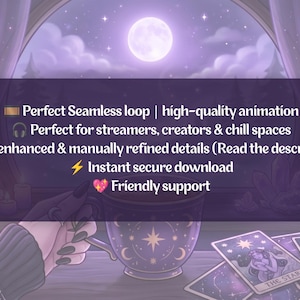 Cozy Witchy Coffee Animated Twitch Screens Pack Purple Witch Night Window Tarot Stream Animated Overlays Pack Gothic Dark Starting Soon image 4