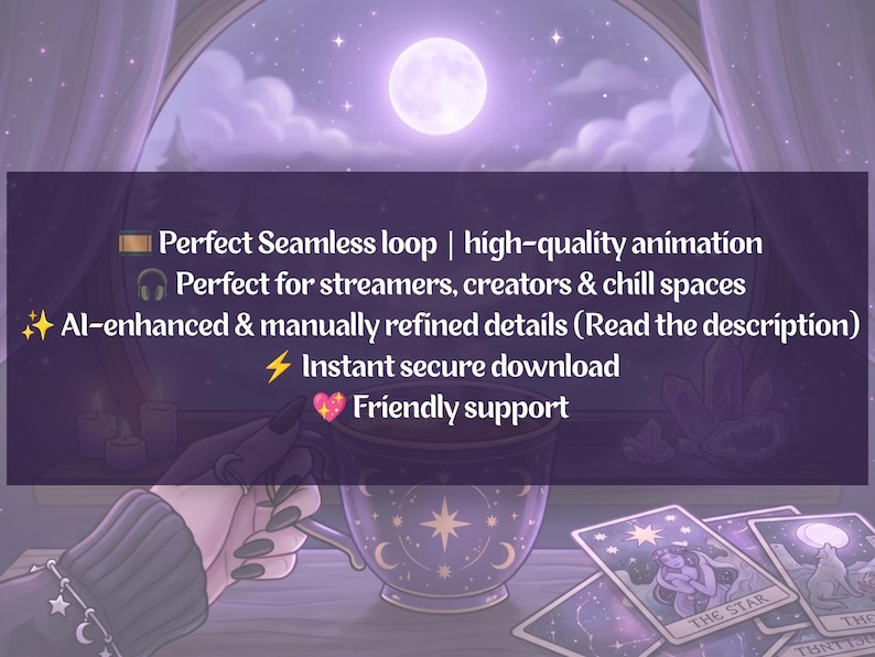 Cozy Witchy Coffee Animated Twitch Screens Pack Purple Witch Night Window Tarot Stream Animated Overlays Pack Gothic Dark Starting Soon image 4