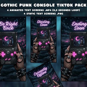 May include: A digital illustration featuring a gothic-themed console with animated text screens. The console is held by hands adorned with rings and studded bracelets. Text includes "Be Right Back", "Starting Soon", "Ending Soon", and "Currently Offline".