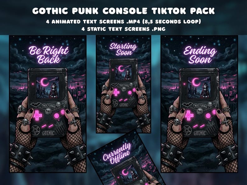 May include: A digital illustration featuring a gothic-themed console with animated text screens. The console is held by hands adorned with rings and studded bracelets. Text includes "Be Right Back", "Starting Soon", "Ending Soon", and "Currently Offline".