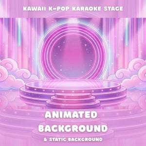 Może przedstawiać: Cyfrowa ilustracja sceny karaoke Kawaii K-Pop. Scena jest gradientem różu i fioletu, z okrągłym neonowym światłem i wielopoziomową platformą. Słowa "Animated Background & Static Background" znajdują się na dole.