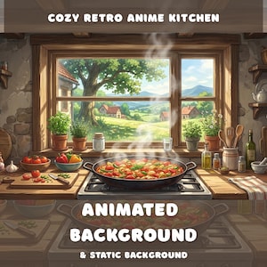 Puede incluir: Una escena de cocina animada con el texto "COZY RETRO ANIME KITCHEN" en la parte superior y "ANIMATED BACKGROUND & STATIC BACKGROUND" en la parte inferior. Una sartén con comida humea sobre una estufa frente a una ventana con vistas a un paisaje verde.
