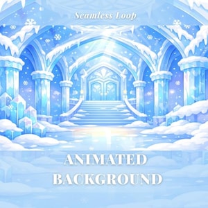 May include: An animated background featuring a snow-covered ice palace with arched doorways and pillars. The image is predominantly blue and white, with falling snowflakes and the text "Seamless Loop" and "Animated Background".
