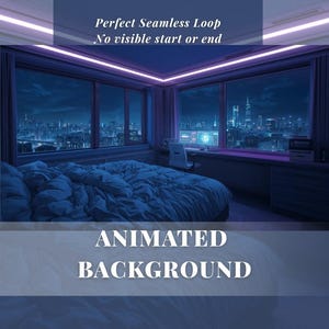 Puede incluir: Imagen de fondo animada de un dormitorio con vista a la ciudad por la noche. La habitación está iluminada con luces azules y moradas. Se muestra el texto "Perfect Seamless Loop No visible start or end" y "ANIMATED BACKGROUND".