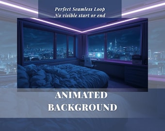 May include: An animated background image of a bedroom with a city view at night. The room is lit with blue and purple lights. The text "Perfect Seamless Loop No visible start or end" and "ANIMATED BACKGROUND" are displayed.