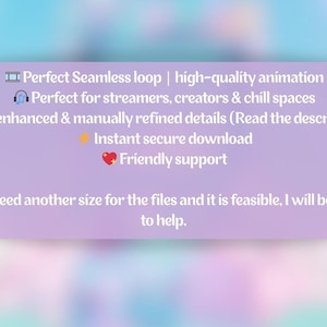 K&ouml;nnte beinhalten: Ein lila Banner mit wei&szlig;em Text und Symbolen. Der Text enth&auml;lt "Perfect Seamless loop | high-quality animation", "Perfect for streamers, creators & chill spaces" und "Instant secure download". Das Banner erw&auml;hnt auch "AI-enhanced & manually refined details" und "Friendly support".