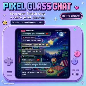 May include: A light purple handheld gaming console frame displaying a digital chat interface with pixel art text. The screen shows a starry night landscape with a campfire, tent, and various user messages including 'kittenpop just followed!' and 'omgg the pixel vibe is so cute'. The top text reads 'PIXEL GLASS CHAT' and 'RETRO EDITION'.