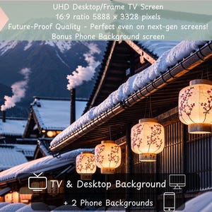 May include: A scenic desktop background image featuring a snowy Japanese village with hanging lanterns. The lanterns have a floral design. The image is for UHD TV screens and includes phone backgrounds.